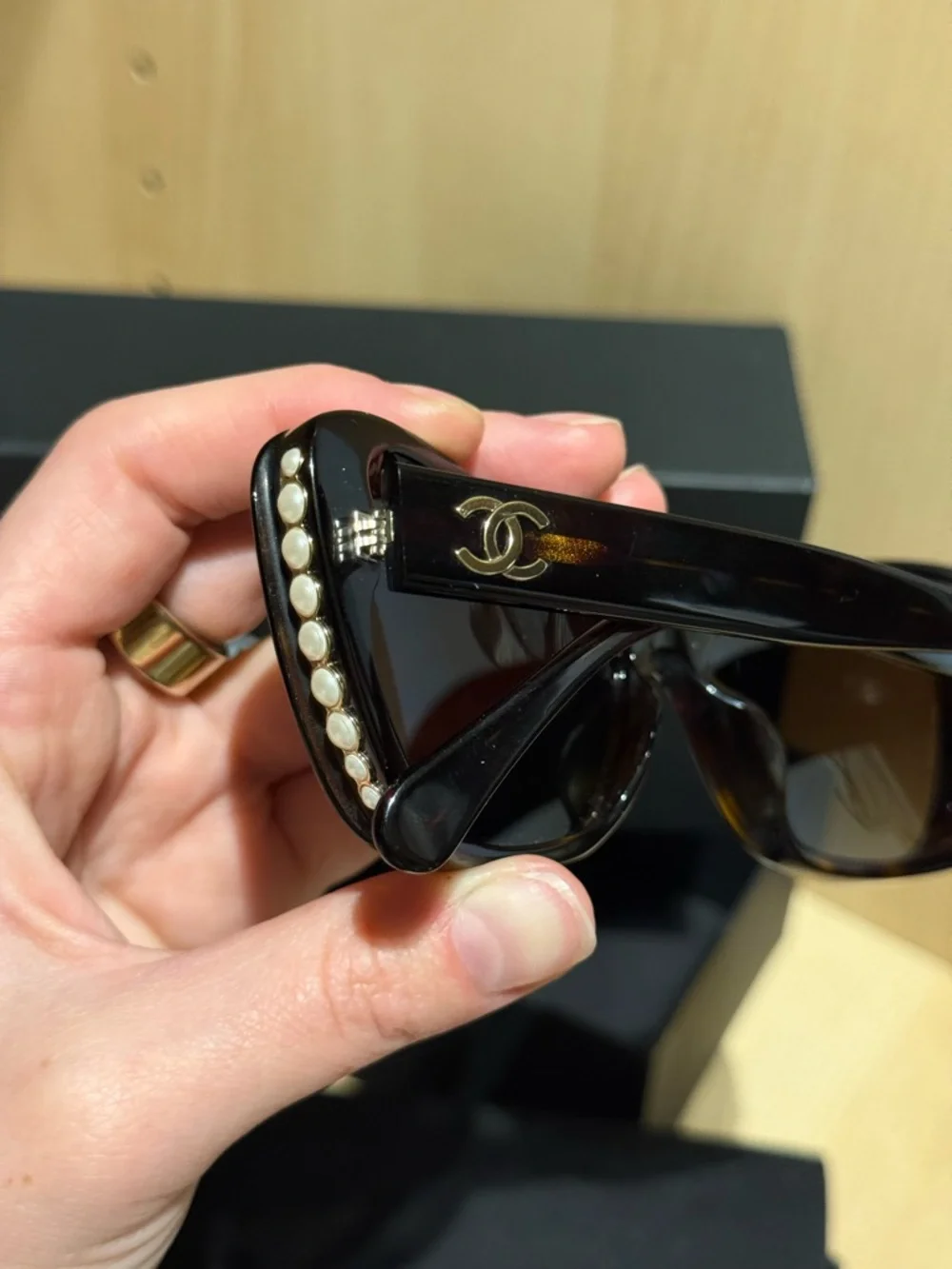 CHANEL Black Cat-Eye Sunglasses with Pearl Accent - Picture 3 of 10